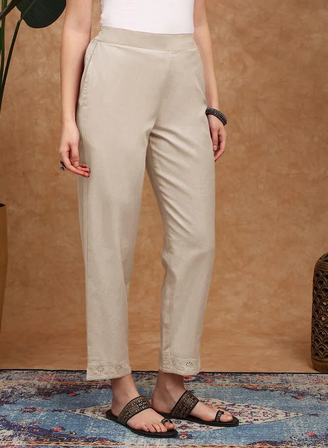 globus Women Off-White Linen Straight Leg Trousers